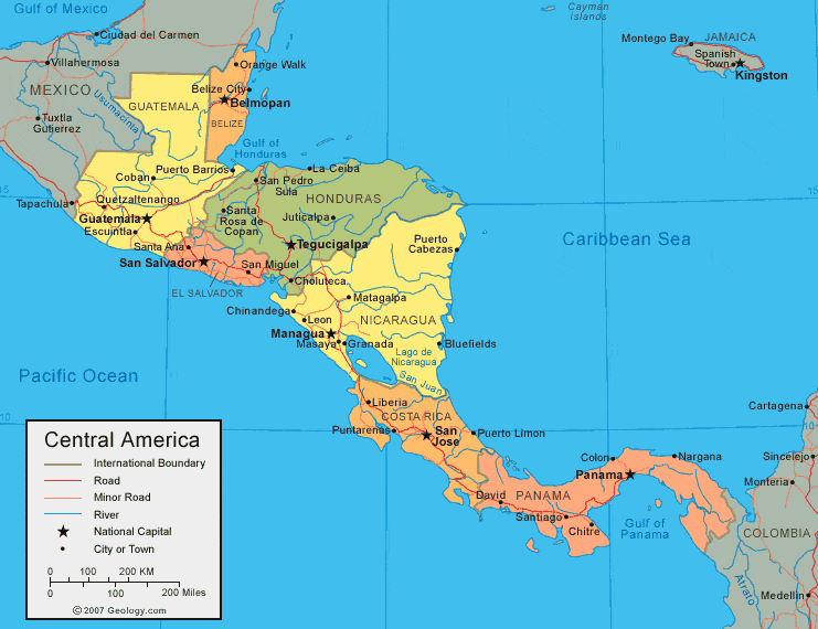 خريطة أمريكا الوسطى :موقعها و دولها وأبرز مدنها